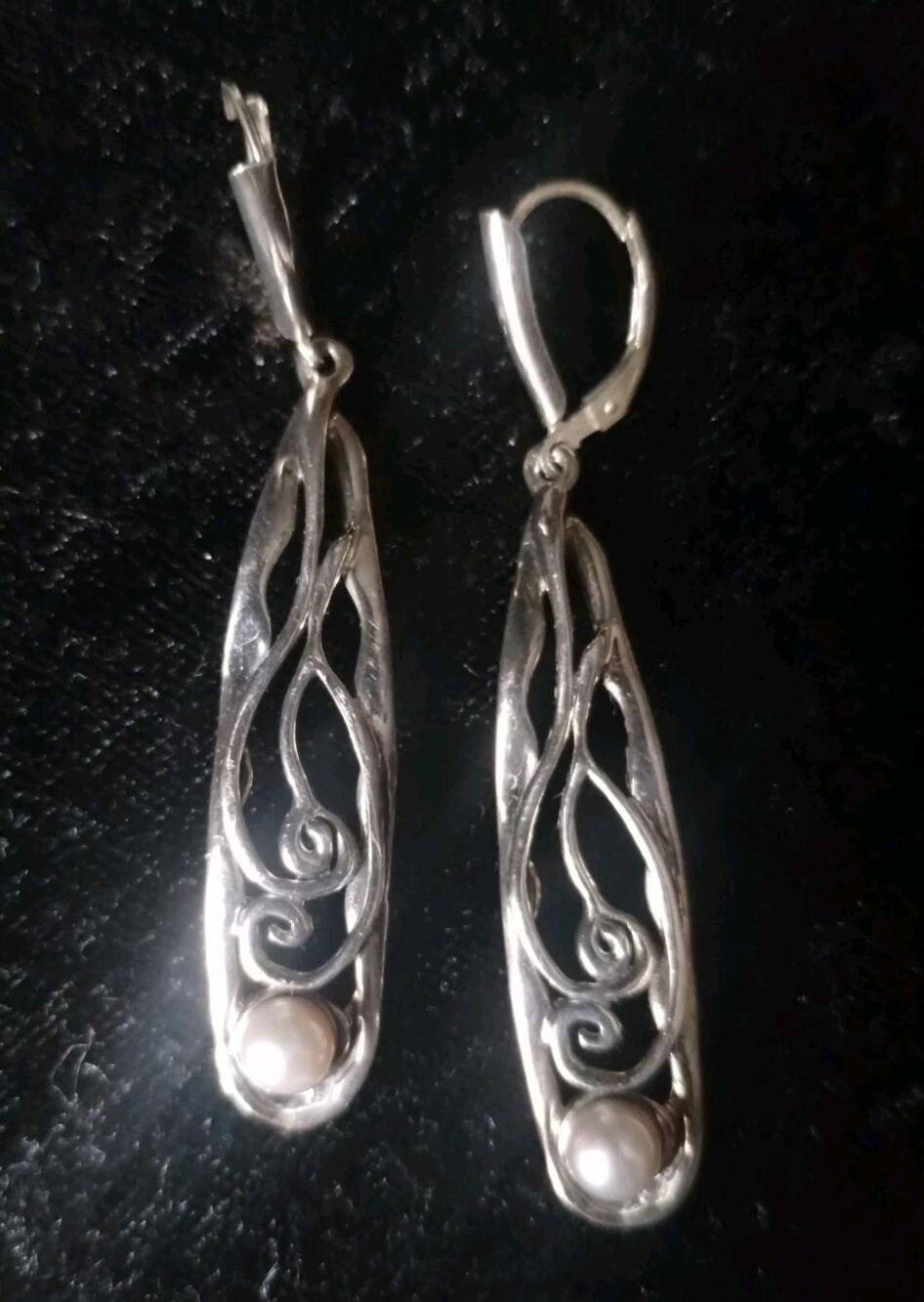Hagit Gorali HG 925 Sterling Silver Artisan Vine Pearl Dangle Drop Earrings